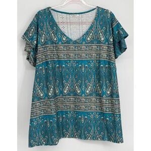 IN'VOLAND Womens Teal Paisley Ruffle Sleeve V-Neck Tunic Blouse‎ Top Plus Sz 22